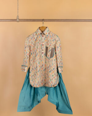Multi Colour Pathani With Turquoise Patiyala