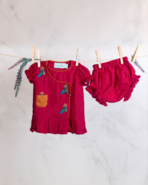 Red Parrot Motif Frock With Bloomers