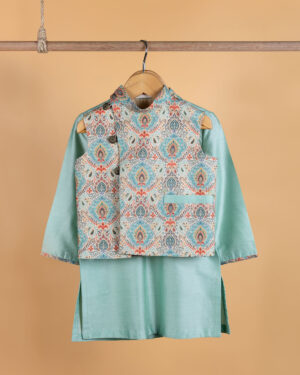 Jamevar Print Jacket With Kurta And Pants