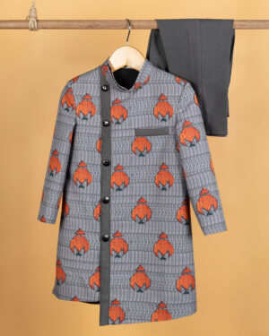 Grey Orange Printed Sherwani With Pants