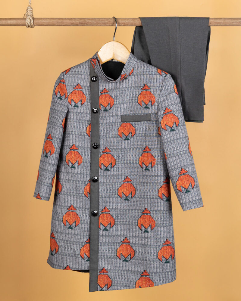 Grey Orange Printed Sherwani With Pants