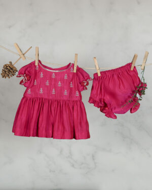 Pink Hand Embroidered Frock With Bloomers