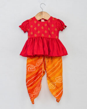 Red Chiken Booti Top With Dhoti Set