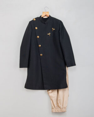 Black Sherwani Set With Bug Brooch