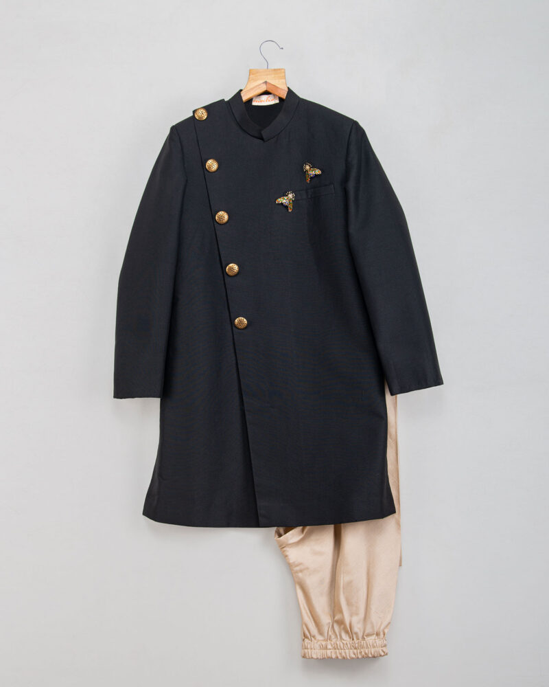 Black Sherwani Set With Bug Brooch