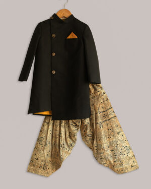 Black Sherwani With Katha Print Patiala Set