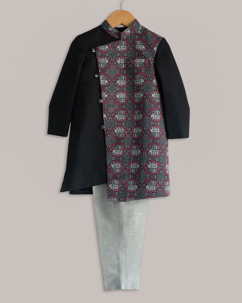 Grey Elephant Print Sherwani Set