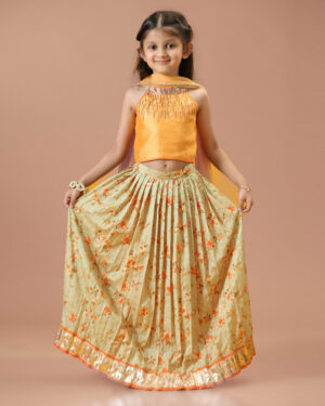 Green Printed Skirt With Orange Top