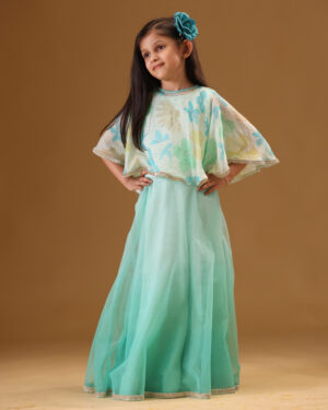 Aqua Floral Cape With Shaded Net Skirt