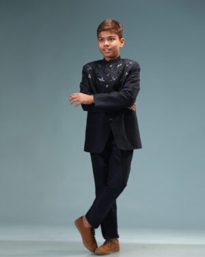 Navy Blue Prince Coat Set With Embroidered Bird Motifs Paired With Pants