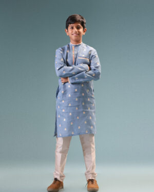 Blue Linen Embroidered Kurta With Pants