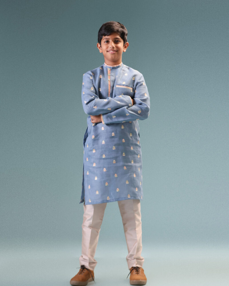 Blue Linen Embroidered Kurta With Pants