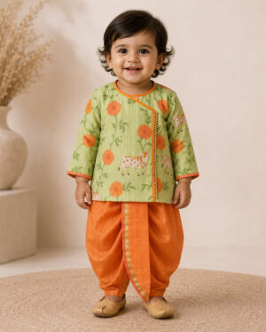 Green Pichwai Angarkha With Orange Dhoti