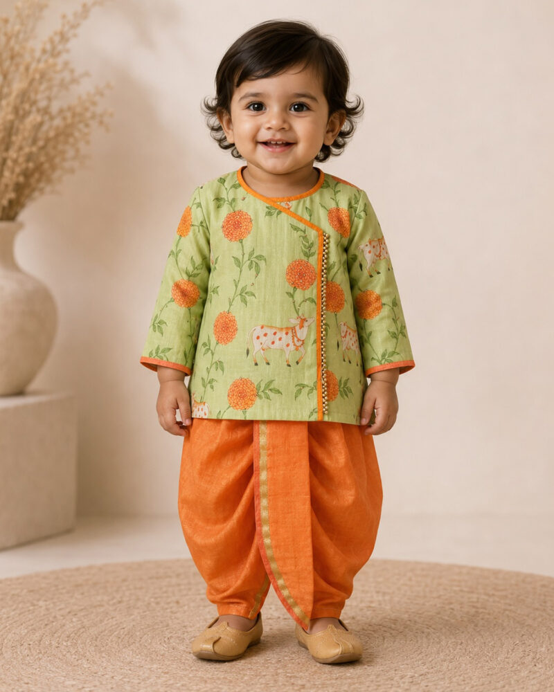Green Pichwai Angarkha With Orange Dhoti
